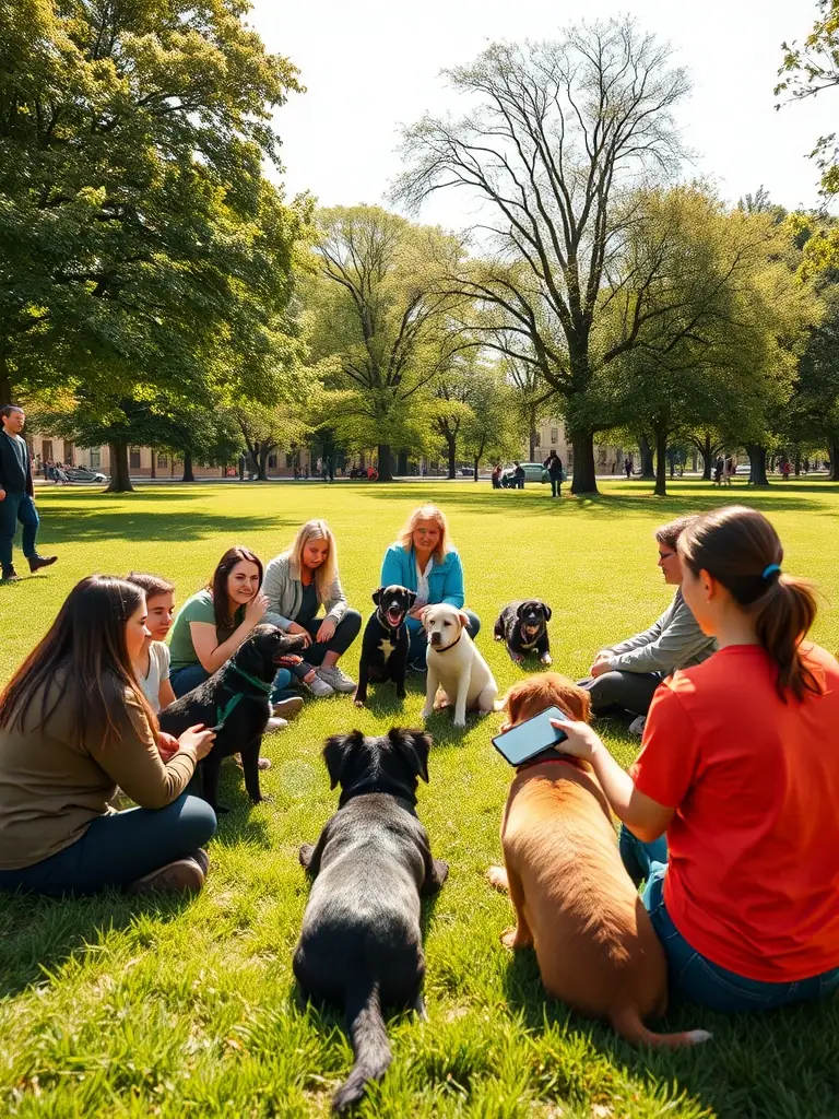 A heartwarming image of a group of people and their dogs participating in a community training session, highlighting the inclusive and supportive environment of CANI DES ANGES.