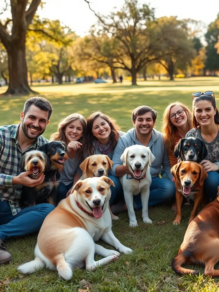 A heartwarming image of a group of participants and their dogs socializing after a CANI DES ANGES event, showcasing the community aspect and the strong bonds formed through shared activities.
