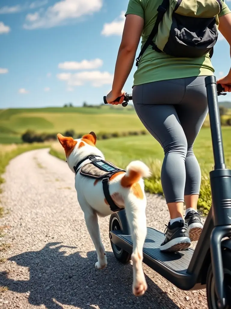 A captivating image of a person riding a canitrotinette with their dog pulling, set against a scenic backdrop. The photo should emphasize the balance and control needed for this activity.