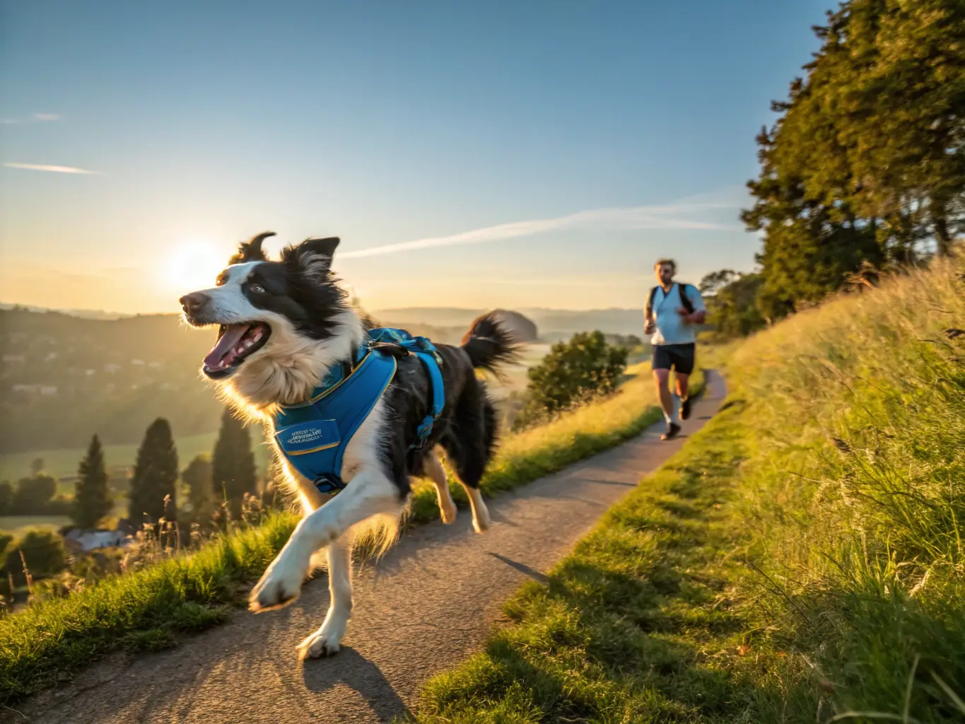 A vibrant image of a person and their dog running together during a canicross event, showcasing the energy and teamwork involved in the sport. The background features a scenic trail, emphasizing the outdoor aspect of the activity.