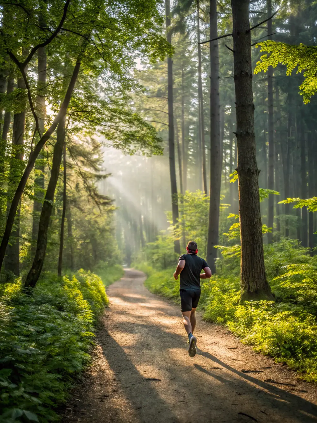 A vibrant image of a canicross participant and their dog running through a forest trail, both appearing energetic and focused, showcasing the thrill and teamwork involved in the sport.