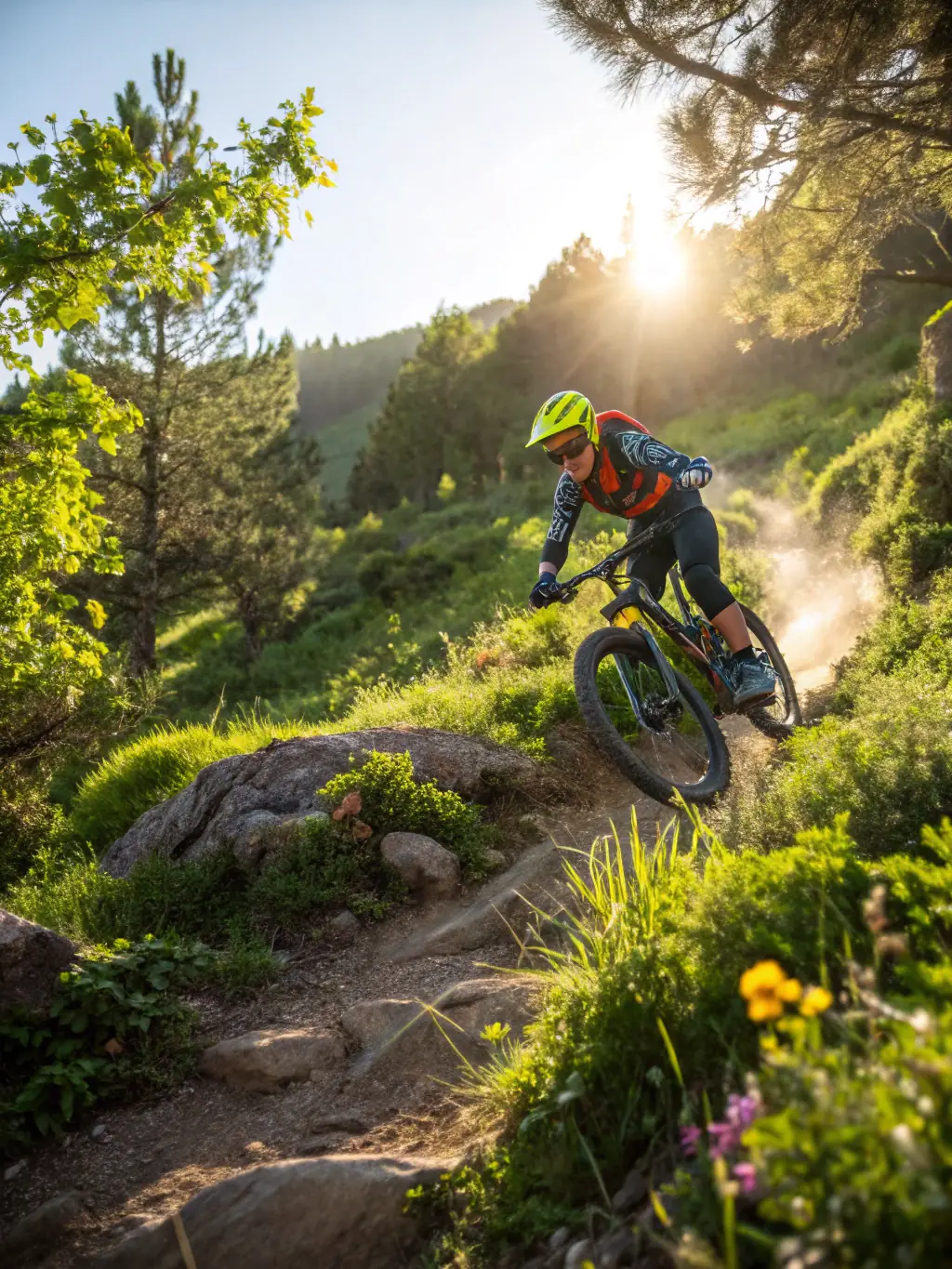 A dynamic shot of a caniVTT participant cycling on a mountain bike with their dog pulling in front, highlighting the speed and coordination required for this activity.