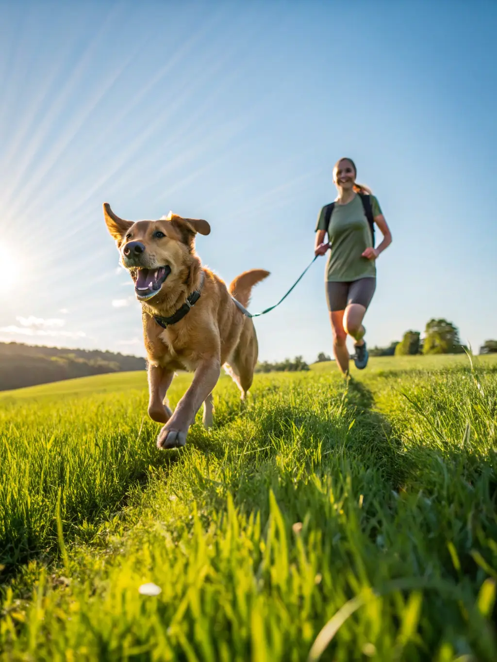 An action-packed image of a person riding a canitrotinette with their dog pulling, demonstrating the speed and excitement of this sport. The setting is a wide-open field.