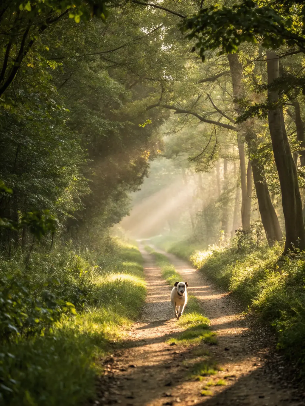 A vibrant action shot of a canicross participant and their dog racing through a forest trail, showcasing the energy and teamwork involved in the sport. The image should capture the joy and excitement of both the human and canine athlete.