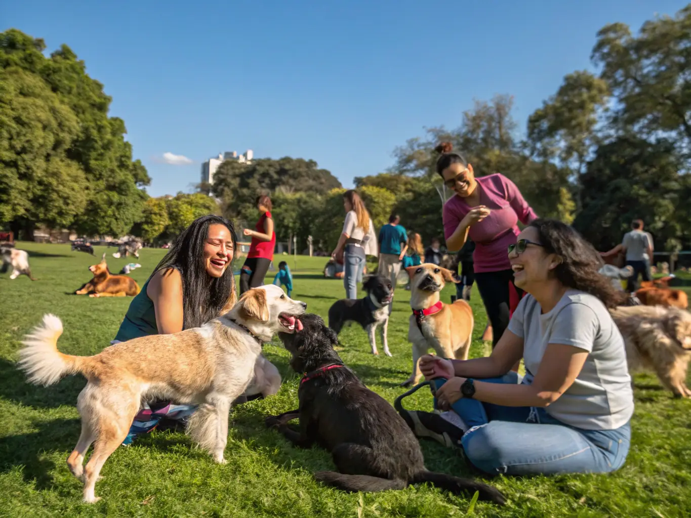 A group of people and their dogs socializing after a canitrotinette event, highlighting the community aspect of CANI DES ANGES. The atmosphere is friendly and inclusive, with participants sharing stories and experiences.