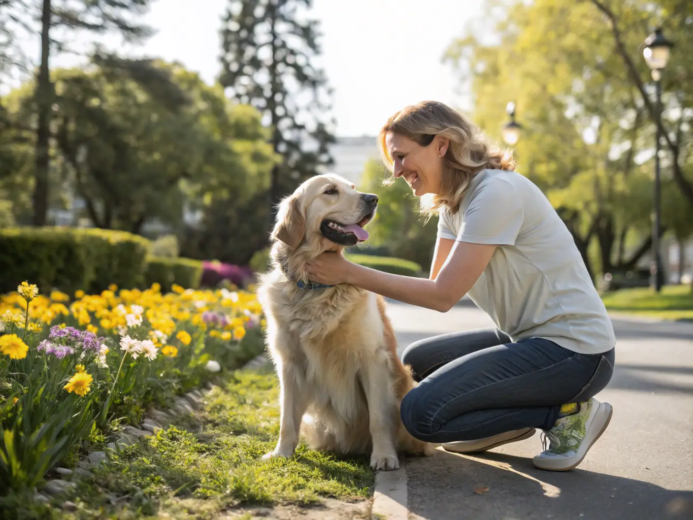 A heartwarming image of a person and their dog sharing a moment of connection after a caniVTT session. The focus is on the visible bond and mutual affection between the two.