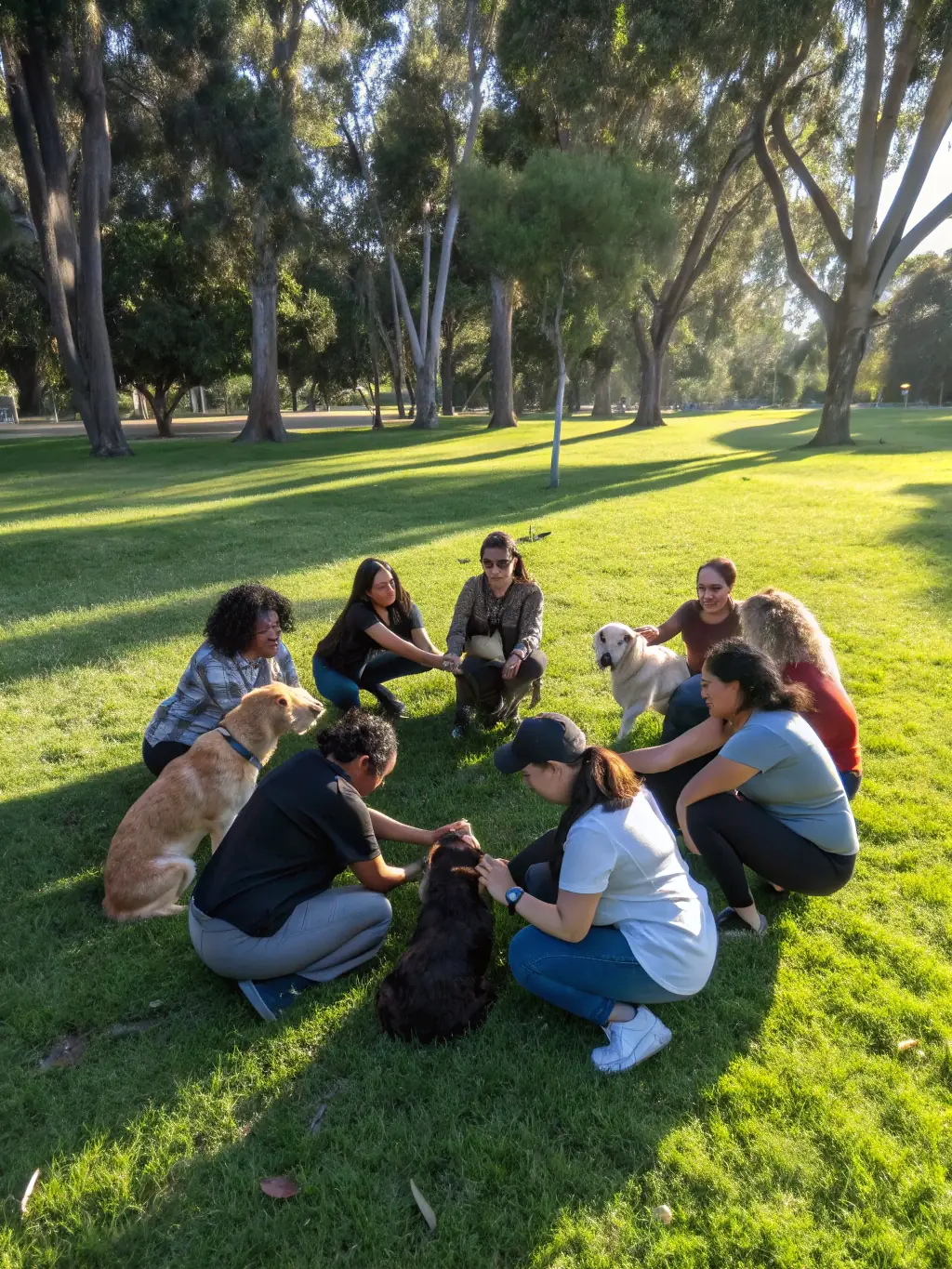 A heartwarming image of a group of CANI DES ANGES members and their dogs socializing after a training session, capturing the sense of community and camaraderie within the organization.